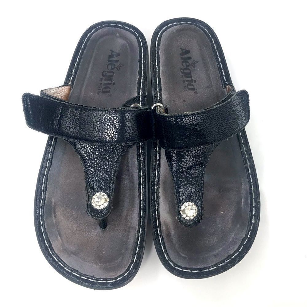 Alegria Black Leather T Strap Diamond Button Slip On Wedge Heel Support Sandals